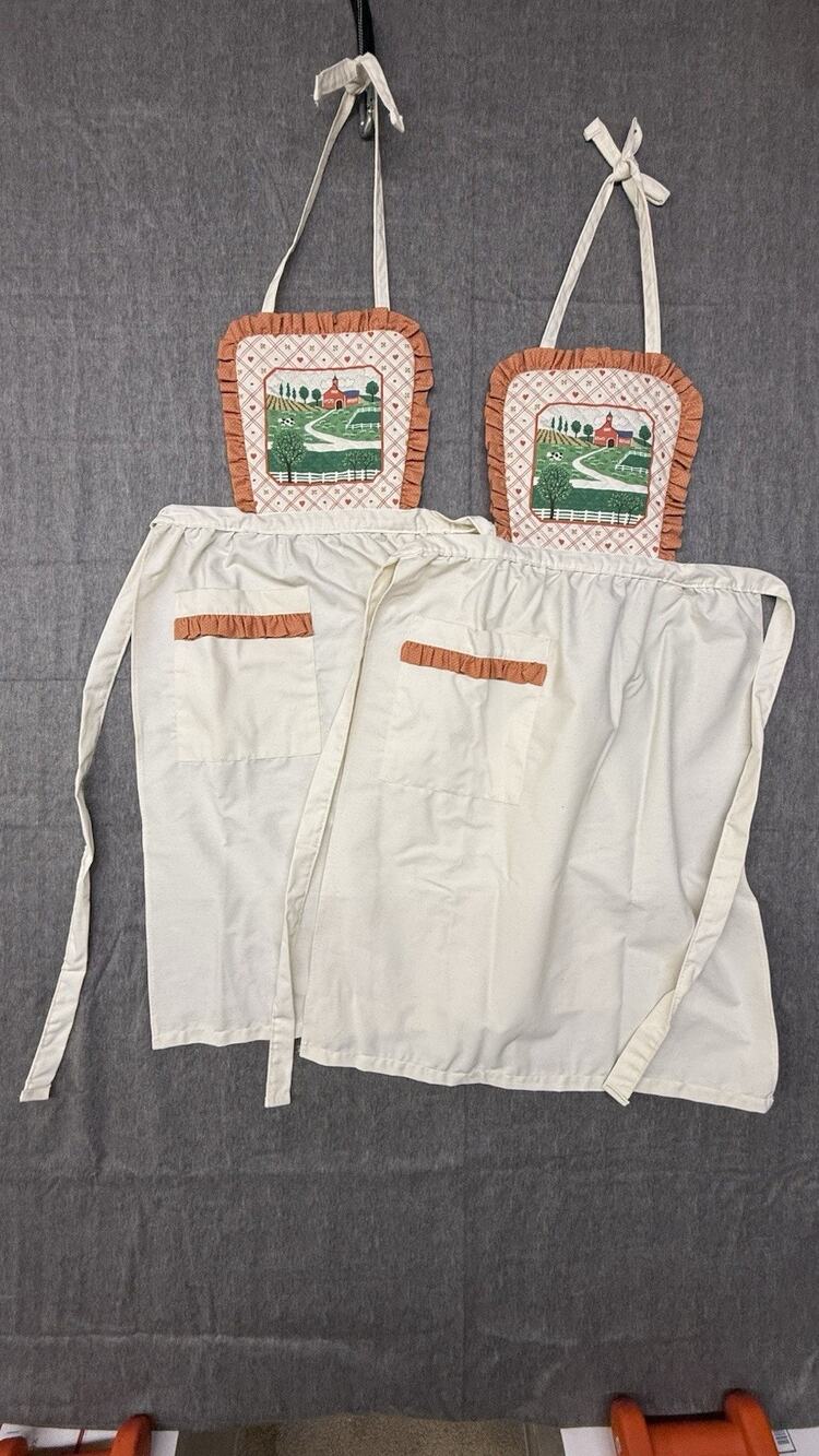Vintage Country Cottage Farmhouse Bib Apron Embroidered Cottage” USA Lot Of 2